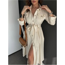 Egzotik Asortik Kadın Kolları Manşetli Full Düğmeli Safari Gömlek Elbise