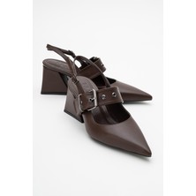 Luvi Nepido Kahve Cilt Kadın Sivri Burun Arkası Açık Kalın Topuklu Ayakkabı