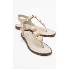 Luvi Helen Bej  Deri Parmak Arası Gold Tokalı Kadın Sandalet