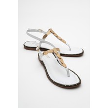 Luvi Marea Beyaz  Deri Parmak Arası Gold Tokalı Kadın Sandalet