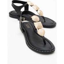 Luvi Helen Siyah  Deri Parmak Arası Gold Tokalı Kadın Sandalet