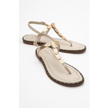 Luvi Marea Bej  Deri Parmak Arası Gold Tokalı Kadın Sandalet