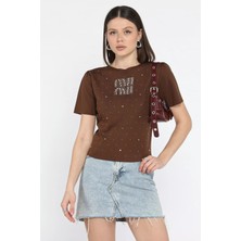 Gülseli Omuz Pileli Taş Detaylı Kadın Triko Bluz