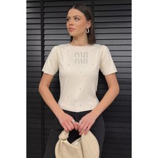 Gülseli Omuz Pileli Taş Detaylı Kadın Triko Bluz