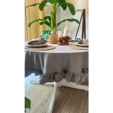 Decamor Home Kadife Dokulu Leke Tutmaz Gri Fırfırlı Yuvarlak Masa Örtüsü