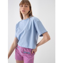 Kadın Mavi Oversize Pamuklu Tişört