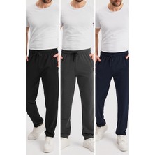 Siyah-Lacivert-Antrasit Erkek Fermuarlı Cepli Nakış Detaylı Düz Paça Rahat Kesim Günlük 3'lü Eşofman Altı