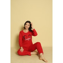Ercan Kadın Uzun Kol Kırmızı Ön Baskılı Basic Pijama Takımı