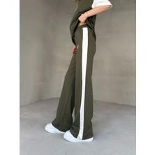 TKM-03654 Haki Beyaz P Nakışlı Bisiklet Yaka Tshirt Bel Lastikli Palazzo Alt Ikili Takım