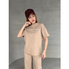 TKM-03653 Bej Rengi Muadil Kumaş Bisiklet Yaka Tshirt Bel Lastikli Palazzo Alt Biyeli Ikili Takım