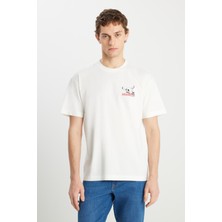 %100 Pamuk Relaxed Fit Geniş Kesim Bisiklet Yaka Kırık Beyaz Tişört