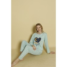 Kadın Uzun Kol Mint Baskılı Basic Pijama Takımı