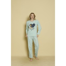 Kadın Uzun Kol Mint Baskılı Basic Pijama Takımı
