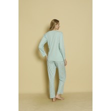 Kadın Uzun Kol Mint Baskılı Basic Pijama Takımı