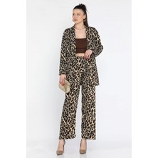 Gülseli Kadın Leopar Desenli Kimono Pantolon Ikili Takım