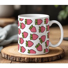 BB Design Pembe Çilekler Tasarımlı Beyaz Seramik Baskılı Kupa Bardak 330 ml