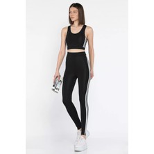 Gülseli Kadın Şerit Detaylı Yüksek Bel Sporcu Tayt Crop Büstiyer Ikili Takım
