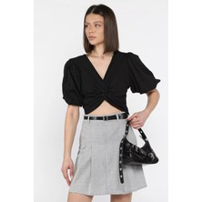 Gülseli Kadın Ön Düğüm Detaylı Yan Fermuarlı Balon Kol Crop Top Bluz