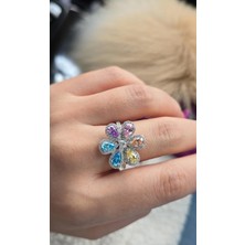 Ithal Multi Renkli Çiçekli Flower Gümüş Yüzük