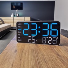 Hd LED Ekranlı Pilli Adaptörlü 2 Alarmlı Sıcaklık Tarih Göstergeli Mavi Beyaz Fonksiyonel Duvar Masa Saati