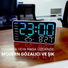 Hd LED Ekranlı Pilli Adaptörlü 2 Alarmlı Sıcaklık Tarih Göstergeli Mavi Beyaz Fonksiyonel Duvar Masa Saati