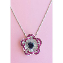 Ithal Baget Safir Fuşya Çiçekli Gümüş Kolye