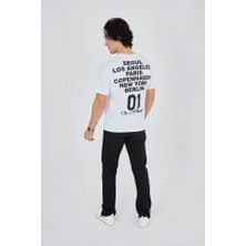 Erkek Bisiklet Yakalı Baskılı T-Shirt - Beyaz