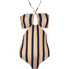 Look Me Halter Yaka Çizgili Büzgü Detaylı Kız Çocuk Mayo By Nessi Byrd