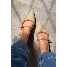 Nişantaşı Shoes X-Harmony Hasır Taba Kemer Detay Sivri Burun Kısa Topuklu Kadın Babet