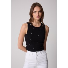 Amida Kadın Crop Atlet Fitilli Görünümlü Kalp Nakışlı Siyah - 2506