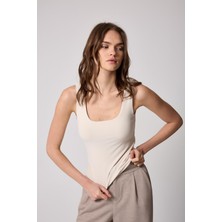 Kadın Atlet Krem Rengi Likralı Slim Fit Kalın Askılı - 2505