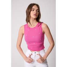 Amida Kadın Crop Atlet Fitilli Görünümlü Kalp Nakışlı Pembe - 2506