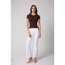 Kadın T-Shirt Likralı Slim Fit Kısa Kol Bisiklet Yaka Kahve Basic - 2503