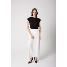 Kadın T-Shirt Beli Lastikli Duble Kol Bisiklet Yaka Siyah Basic - 2501