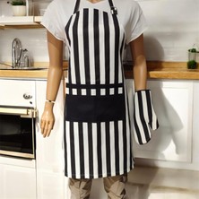 Siyah Beyaz Çizgili Ayarlanabilir Cepli Su ve Leke Itici Şef Mutfak Önlüğü ve Fırın Eldiveni Seti