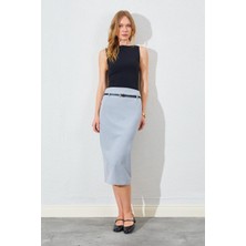 Kadın Gri Ince Kemerli Poliviskon Midi Boy Etek