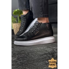 Pabucmarketi Bağcıklı Hakiki Deri Erkek Sneaker Bot Siyah