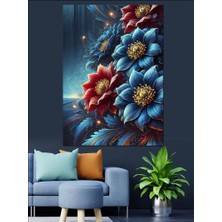 Kırmızıo ve Mavi Renkli Çiçek Dekoratif Kanvas - Mdf Ahşap Tablo