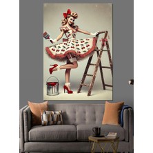 Merdivende Retro Kadın Dekoratif Kanvas - Mdf Ahşap Tablo