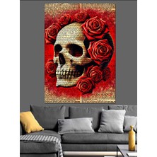 Kırmızı Güllü Kafatası Dekoratif Kanvas - Mdf Ahşap Tablo