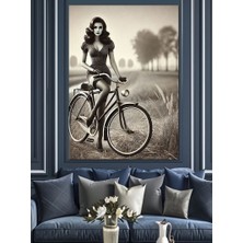 Bisikletli Kadın Figürü Dekoratif Kanvas - Mdf Ahşap Tablo