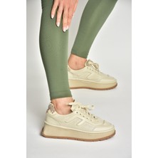 U555605603 Bej Hakiki Deri Kalın Tabanlı Spor Ayakkabı Sneakers