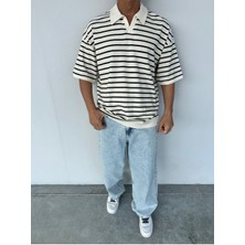 Vi Man Çizgili Garnili Siyah Polo Yaka Oversize Triko T-Shirt