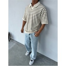 Vi Man Çizgili Garnili Kahverengi Polo Yaka Oversize Triko T-Shirt