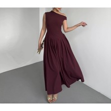 Meros Atelier Premium Zr Model Kadın Mürdüm Kayık Yaka Belden Oturtmalı Mürdüm Pileli Elbise