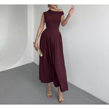 Meros Atelier Premium Zr Model Kadın Mürdüm Kayık Yaka Belden Oturtmalı Mürdüm Pileli Elbise