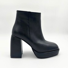 Folle Siyah Hakiki Deri Kalın Topuklu Platform Kadın Bot