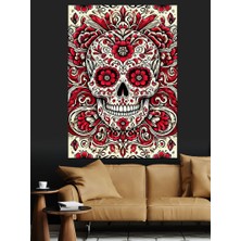 Kırmızı Çiçekli Kafatası Deseni Dekoratif Kanvas - Mdf Ahşap Tablo