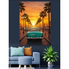 Palmiye Ağaçları ve Retro Araba Dekoratif Kanvas - Mdf Ahşap Tablo