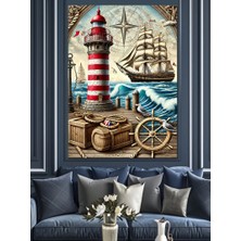 Deniz Feneri ve Gemi Motifi Dekoratif Kanvas - Mdf Ahşap Tablo